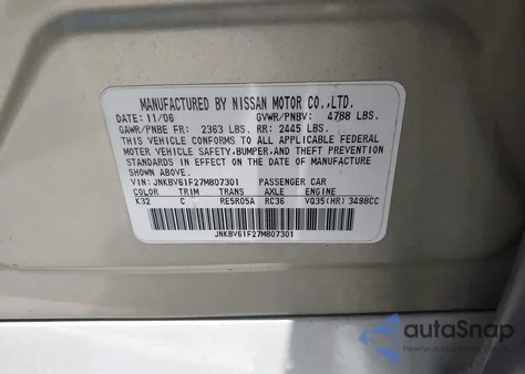 2007 Infiniti G35X from USA, damaged, VIN JNKBV61F27M807301